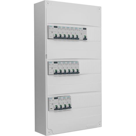 Siemens – Tableau électrique 3 rangées pré-équipé 4 inter. diff. 40A – 13 disjoncteurs 10A/16A/20A/32A – Montage en GTL ou saillie – IP30 IK05