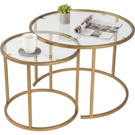 Dmora - Set di 2 tavolini da salotto Abbadesse, Tavolo basso da caffè, Portariviste per divano, Ripiano da soggiorno, 60x60 h43 cm, Oro e Trasparente