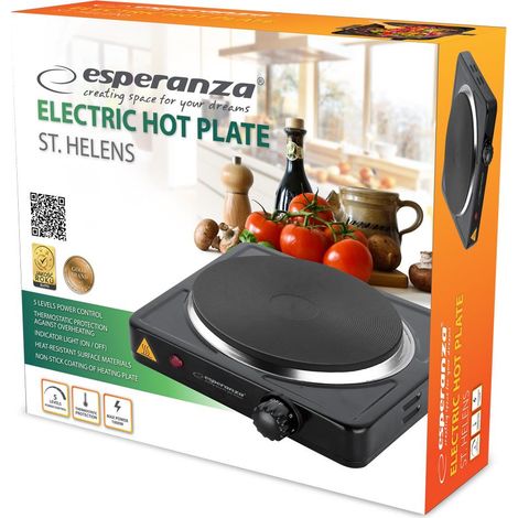 Plaque de cuisson électrique 15,5 cm – 1000 W – 5 niveaux de température – Protection contre surchauffe – Indicateur lumineux – Esperanza