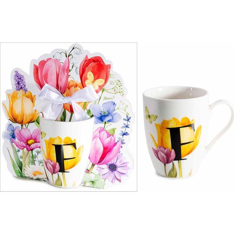 Tasses en porcelaine imprimé floral et initiale F en coffret cadeau découpé avec nœud, lot de 3, tasse diam. 8 cm x H. 10,5