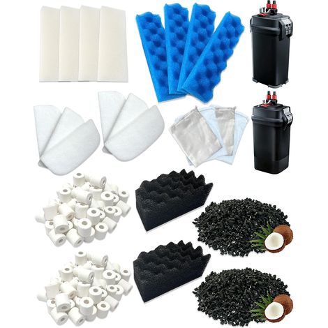 Lot de 24 supports filtrants pour aquarium compatibles avec les filtres Fluval 406/407, composé de mousse bio, de charbon actif et d'anneaux en céramique pour eau de mer et d'eau douce (1/5)