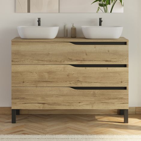 Meuble de salle de bain 120cm avec plateau et 2 vasques à poser Zeus - 3 tiroirs - sans miroir - madera miel (bois clair) - MATA (1/4)