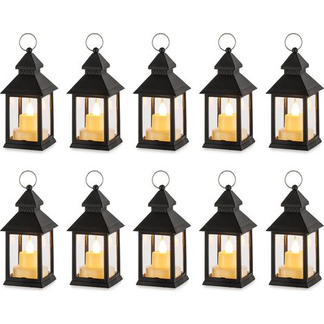 Klein Laterne Halloween Deko: 10 Stück Flackernde LED Teelicht Kerzen Mini Laternen Set Schwarz Hängend Draußen Innen mit Marokkanische Garten Weihnachten Tisch Wohnzimmer Außen Ramadan (1/5)