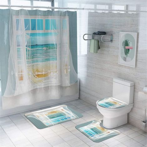 4 Pcs Ensemble Rideau de Douche Salle de Bain Tapis Contour WC Tapis de Bain Antidérapant Couvre Couverture de Toilette Siège Monde des Fonds Marins (Plage) (1/5)