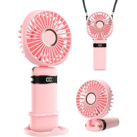 Tragbarer Handventilator mit Standfuß, 5 einstellbare Geschwindigkeitsstufen, USB-aufladbar, ideal für Frauen und Mädchen, perfekt für Reisen und Büro (rosa) (1/5)