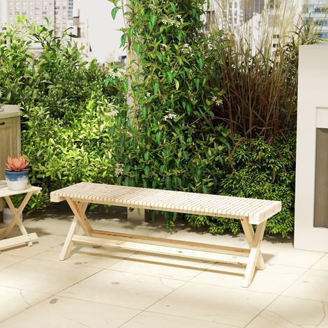 Banc de Jardin en Bois massif, Banquette de Jardin avec Assise à Lattes Effet Bois, 140 x 40 x 43 cm, Bois Naturel (1/5)