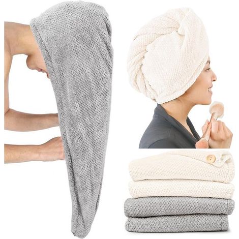Toallas de microfibra para el cabello, Turbante para el cabello, Secado del cabello, Súper absorbentes, 4 piezas extra grandes, Gris y blanco (1/5)