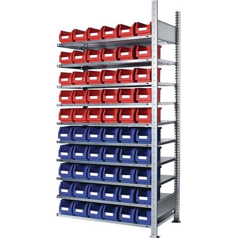 Steckregal H2000xB1000xT300mm Anbauregal 10 Stahlböden 30 x Gr. 6 blau, 30 x Gr. 6 rot