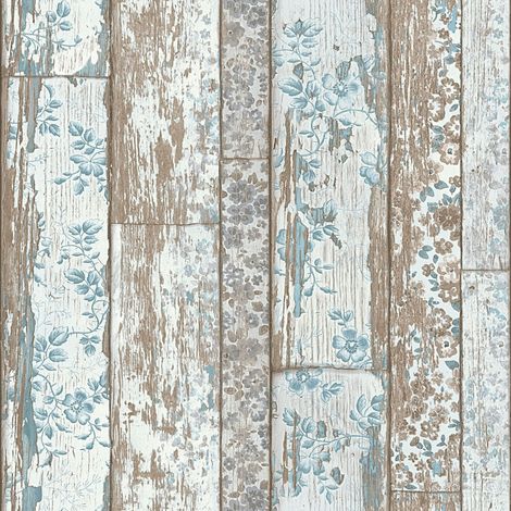 Papier peint imitation bois turquoise & marron Tapisserie bois marron & bleu motif feuille Papier peint intissé salon & couloir (1/5)