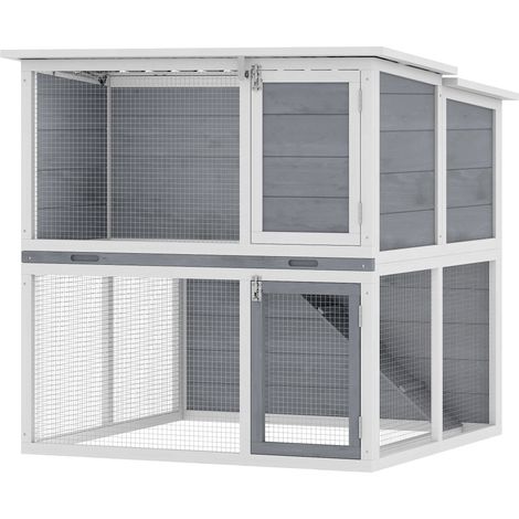 Conejera de exterior 2 plantas 98 x 95 x 102.5 cm techo impermeable bandeja extraíble segura rampa rústica de madera gris 210008029 (1/5)