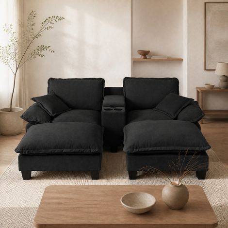 Divano modulare con USB, contenitore, 2 pouf, 2 cuscini, nero DESVIAE (1/5)