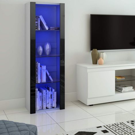 Vitrinenschrank mit RGB LED-Beleuchtung, 3 Glasböden, 55x35x166 cm, Weiß+Schwarz (1/5)