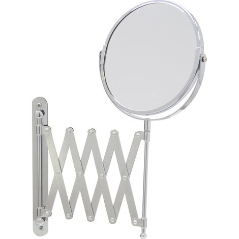 Espejo de pared con lupa, cromado, redondo, 17 cm de diámetro, aumento de 3x, extensible hasta 57 cm, color plata.