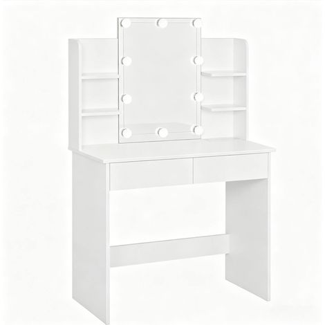Coiffeuse moderne blanche avec miroir éclairé et rangements, 90 x 40 x 135 cm (1/5)