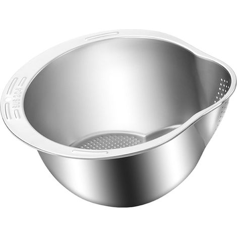 Reiswaschschüssel - Reisabseihschale, Küchensieb, Edelstahl-Gemüsefilter, große Lebensmittel-Abtropfschale mit seitlichem Mikrolöchersieb, geeignet für Gemüse und Obst