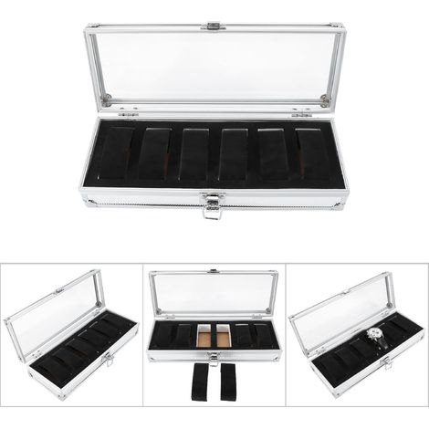 Uhrenaufbewahrungsbox aus Aluminium mit Acrylfenster – 6 Fächer mit Schutzpolsterung – Silber – 26 x 21 x 6 cm (1/5)