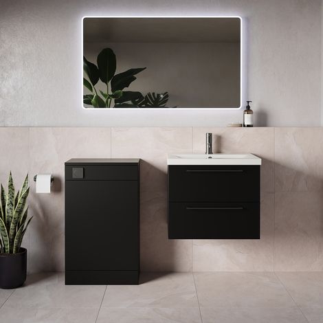 Napoli 390 Matt Black 1100mm Wall Mounted 2 Drawer Vanity Unit and Toilet Suite with Glide Basin - 1100mm - Gunmetal Grey 320mm HandleWithout Kingston Toilet Pan