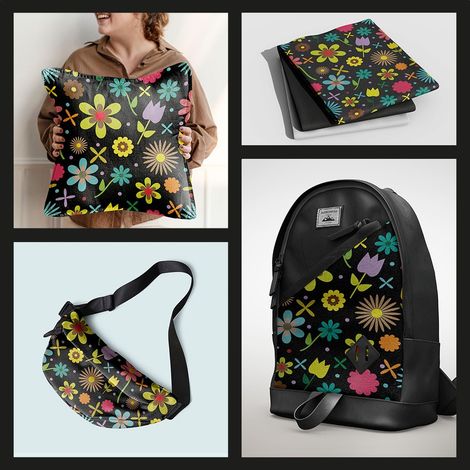 Outdoor dekostoffe oxford - Motiv bunte Blumen auf schwarzem (1/5)