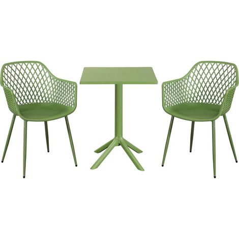 3 Piece Bistro Garden Set with 2 Lattice Armchairs and Square Table - Plastic/Metal - L42.5 X W56.5 X H84.5 cm - Moss Green - Flat Packed