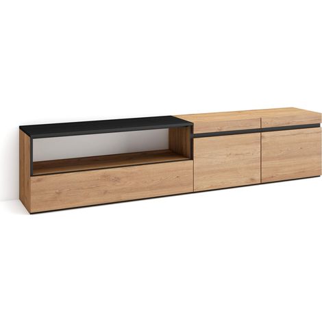 Skraut Home - Mobile TV Soggiorno, Ampio spazio a disposizione, 200x45x35cm, Per TV fino a 80", Mobile Soggiorno, Stile moderno, Rovere e nero (1/5)
