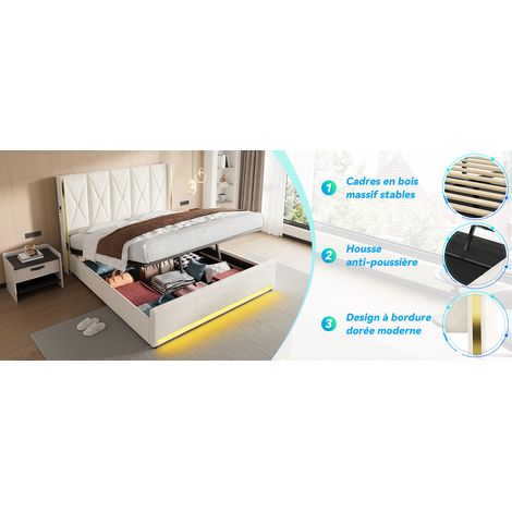 Lit en velours 180 x 200 cm avec tête de lit haute capitonnée, poches, USB-C, LED et coffre hydraulique pour chambre (1/5)