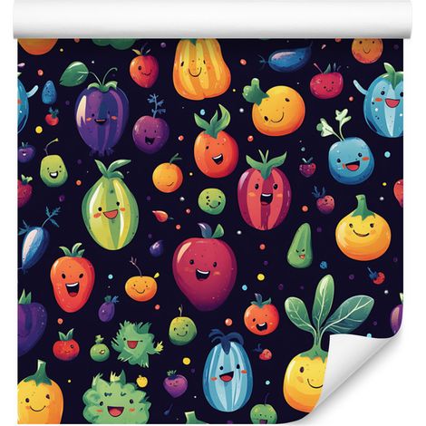 Papel pintado Kawaii con estampado de verduras en azul marino e índigo para salón y dormitorio, 50x1000 cm. (1/4)