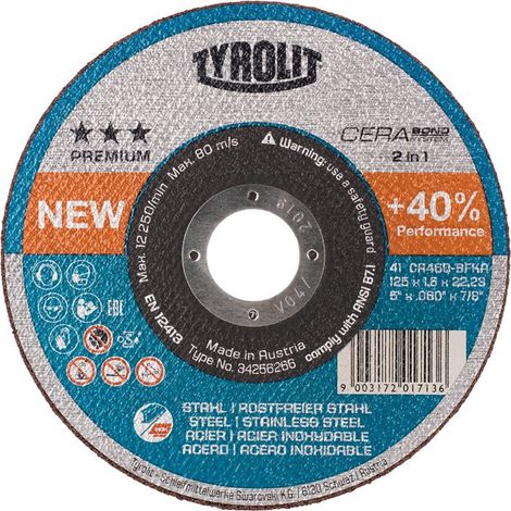 Disco de corte CERABOND 2en1 D230x2mm recto INOX / taladro acero 22,23mm TYROLIT (Por 15)
