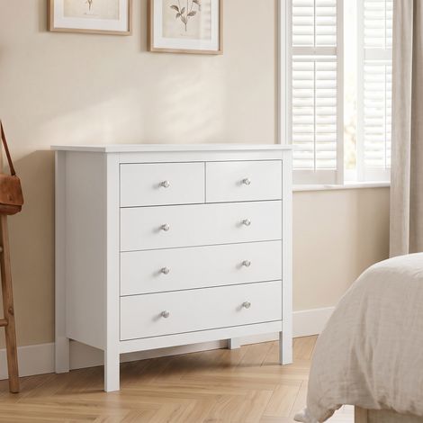Commode à 5 tiroirs, meuble de rangement, avec poignées, glissières métalliques, en bois, 79l x 39,5P x 80,5H cm, blanc (1/5)