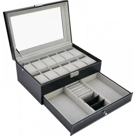 Boite De Rangement Pour Montres Et Bijoux - 12 Alveoles En Cuir PU Avec Plateau En Verre - Double Niveau - Pour Collection Personnelle Ou Affichage Commercial - 1 Pièce (1/5)