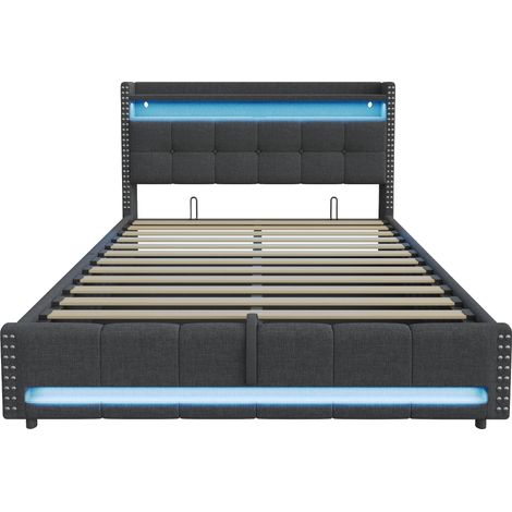 Letto imbottito 180x200 cm grigio in lino con LED USB e contenitore idraulico (1/5)