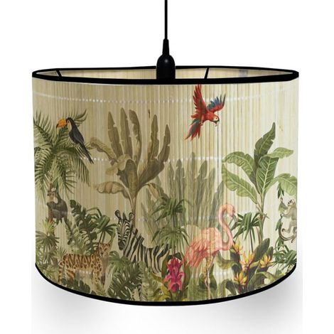 Bamboo Animal and Plant Print Drum Lampshade Replacement Lampshade Handmade for Table Lamp, Pendant, Bedside Lamp, Floor Lamp (Zoo) (1/5)