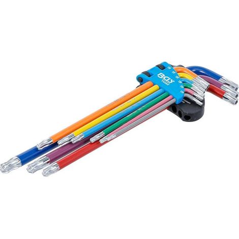 Jeu de Clés Allen Multicolore - 9 pcs Extra Longues T10-T50 - Profil T Torx avec Perçage et Tête Sphérique - Précision - D-Work