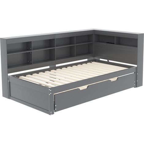 Canapé-lit 90200, lit extensible 90190 avec prise USB et multiples compartiments de rangement, lit en bois massif, lit simple, lit multifonctionnel en bois, gris., garantie 2 ans (1/5)