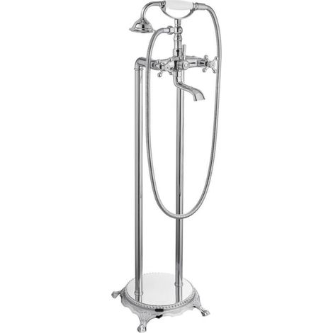 Freistehende Badewannenarmatur aus Chrom mit zwei Querstrahldüsen, knopfförmigem Design und hochwertiger Badarmatur