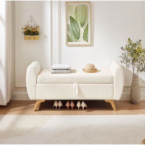 Panca contenitore pieghevole 145x51x57 cm in velluto a coste beige FloraGrace (1/5)