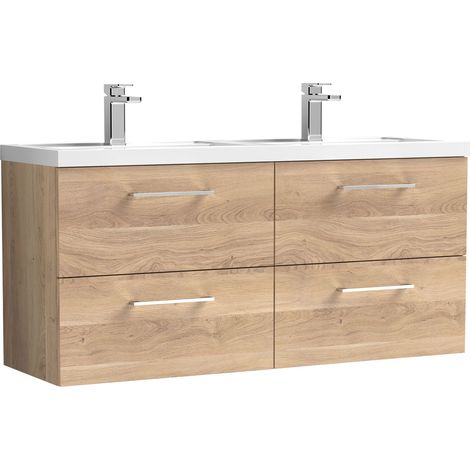 Balterley Bramshall 1200mm Wall Hung 4 Drawer Vanity Unit & Double Basin for Modern Bathroom Storage - Bleached Oak
