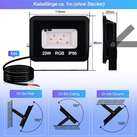 Wolketon RGB LED Strahler mit Fernbedienung, 20W RGB LED Flutlicht, 16 Farben & 4 Modi, IP66 LED Außenstrahler für Garten & Terrasse