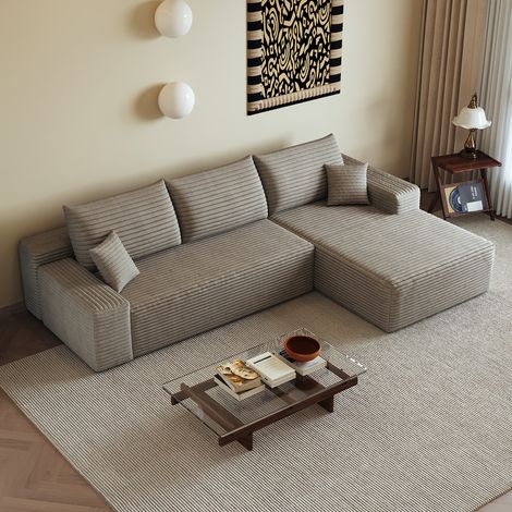 Canapé d'angle modulaire 270 cm, sans montage, assise profonde, chaise longue réversible, tissu corduroy camel (1/5)