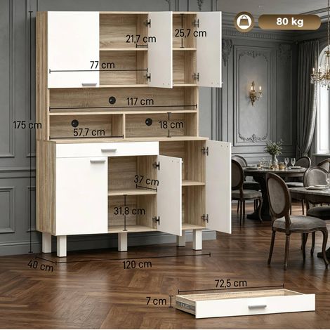 Buffet de cocina 120x40x175 cm de aglomerado blanco y madera, ahorro de espacio – MEUBLIV (1/5)