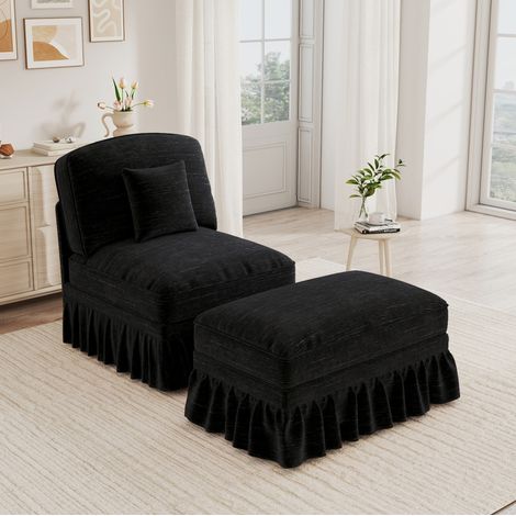 Sofa mit Hocker, abnehmbarer Rüschenschürze, segmentierte Rückenlehne, Chenille, schwarz (1/5)