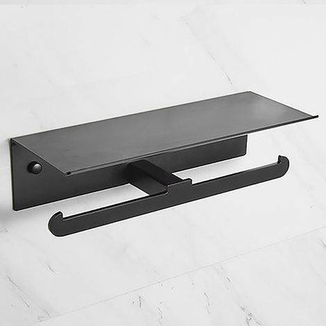 Porte Papier Toilette, Double Support Papier Toilette avec Étagère Rangement Spacieuse, Aluminium Dérouleur Porte Rouleau Papier Toilette Autoadhésive et Mural pour Salle de Bain 34cm, Noir (1/3)
