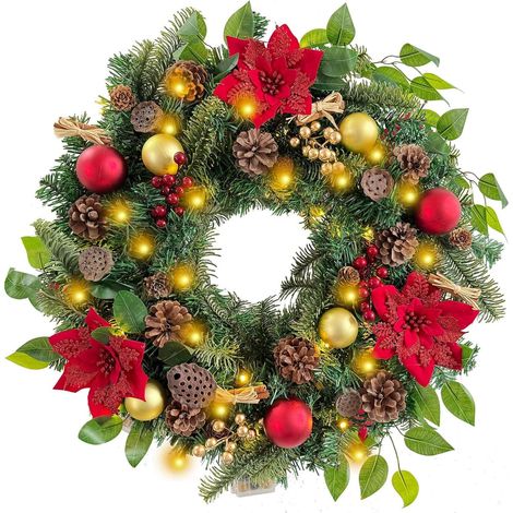 45 cm großer beleuchteter Weihnachtskranz für die Haustür. Luxuriöser rotgoldener Weihnachtskranz zur Türdekoration mit Christbaumkugeln, Weihnachtssternen, Beeren und Lotus.