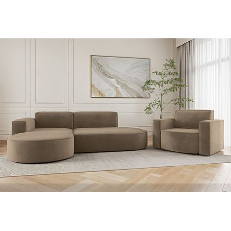 Sofa Set 2-teilig Sessel und Ecksofa PALMA XS Stoff Noel Braun Ottomane Links (1/3)