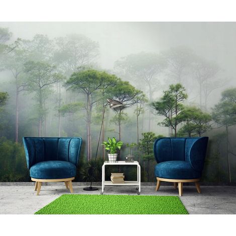Fototapete Wald Bäume Nebel Grün 3D-Optik, für Wohnzimmer und Schlafzimmer, 150 x 105 cm – Komplettset inkl. Kleister & Anleitung (1/5)