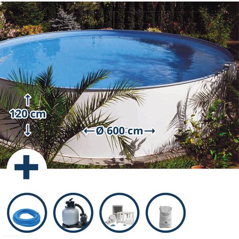 Stahlwandpool Set rund Bermuda 600x120 cm, Stahl 0,6 mm weiß, Folie 0,6 mm blau, Einhängebiese (1/5)