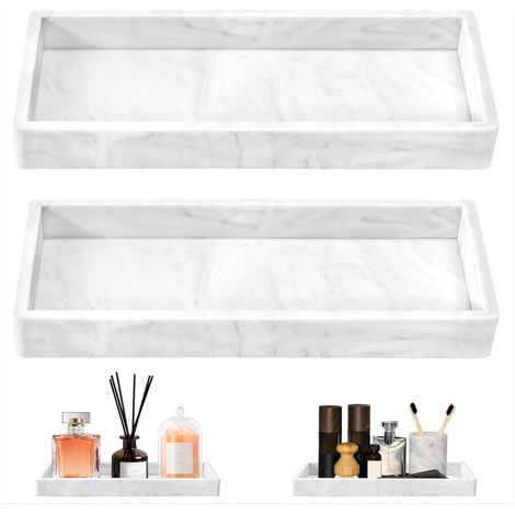 Plateau Salle de Bain Rectangulaire Plateau Decoratif Plateau de Rangement en Silicone Salle de Bain pour Salon, Chambre, Lavabo, Baignoire, Cuisine 2 Pièces Marbre Blanc (1/5)