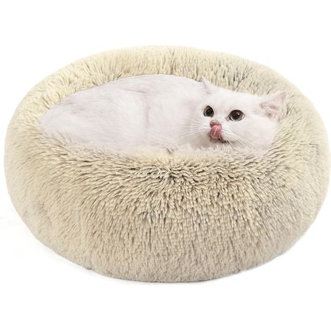 Dog Bed, Round Donut Bed, Sofa, Removable and Washable Central Cushion, Soft Plush Fabric, Diameter 50 cm, Khaki Ombre (1/5)