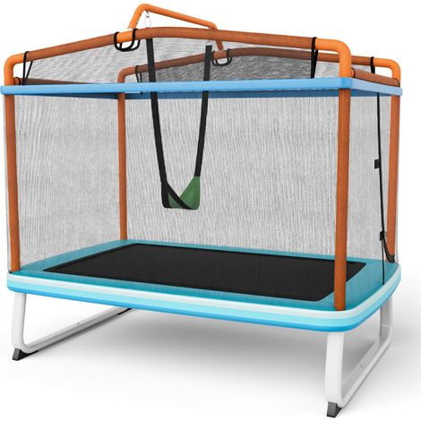 Trampolín infantil rectangular 3 en 1 para exterior 190 x 124 x 222 cm con columpio y red de seguridad diseño moderno en metal naranja 200009930