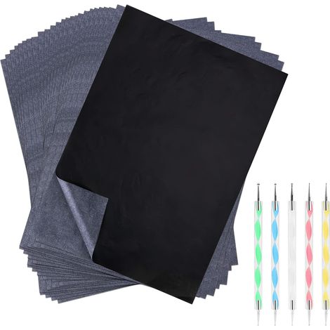 100 feuilles de papier carbone noir réutilisable pour dessin, impression sur toile, bois et papier, avec 5 stylets à gaufrer. (1/5)