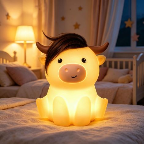 Veilleuse Vache Highland en Silicone, Lampe Tactile Rechargeable, 2 Niveaux de Lumière Chaude, Minuterie 20 min (1/5)